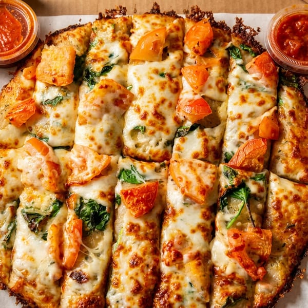 Square-cut pizza topped with melted cheese, spinach, and tomatoes, served in a box with two marinara cups.