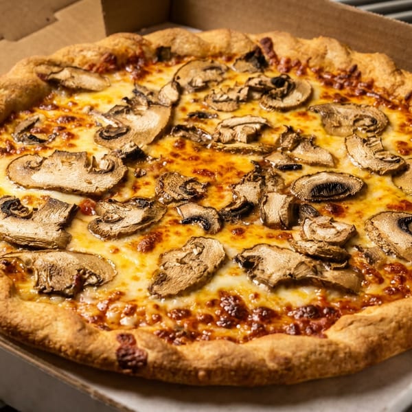 Mushroom pizza with melted cheese and a golden crust in a cardboard delivery box.