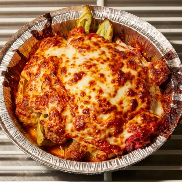 Cheesy baked casserole with tomato sauce in a round foil container on a metal rack.