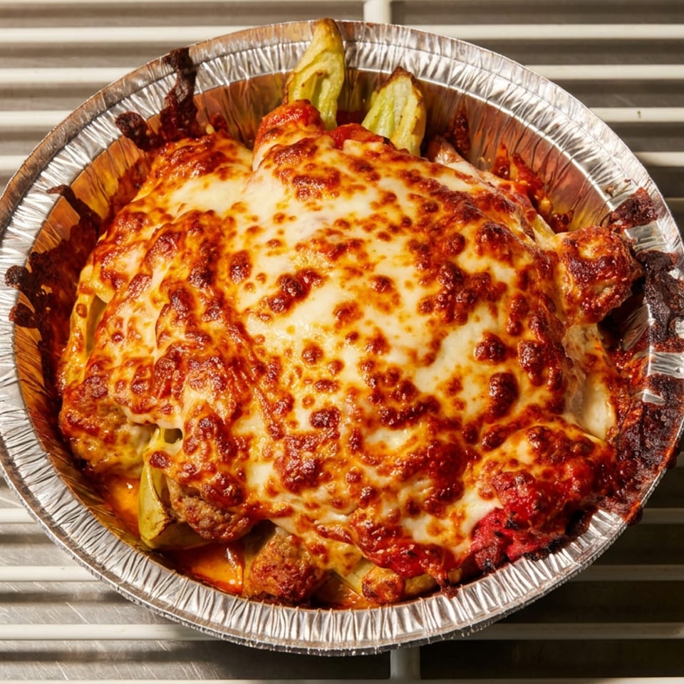 Cheesy baked casserole with tomato sauce in a round foil container on a metal rack.